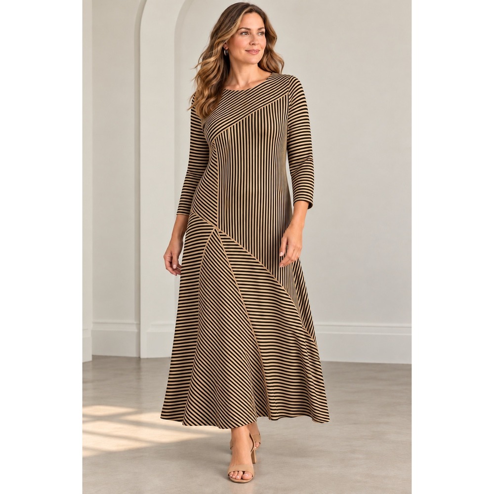 SOFT SURROUNDINGS Ribbed A-Line Maxi Dress M Striped Neutral Quiet Luxury Tan